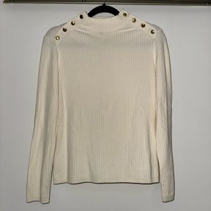 White Ribbed Sweater With Button Details